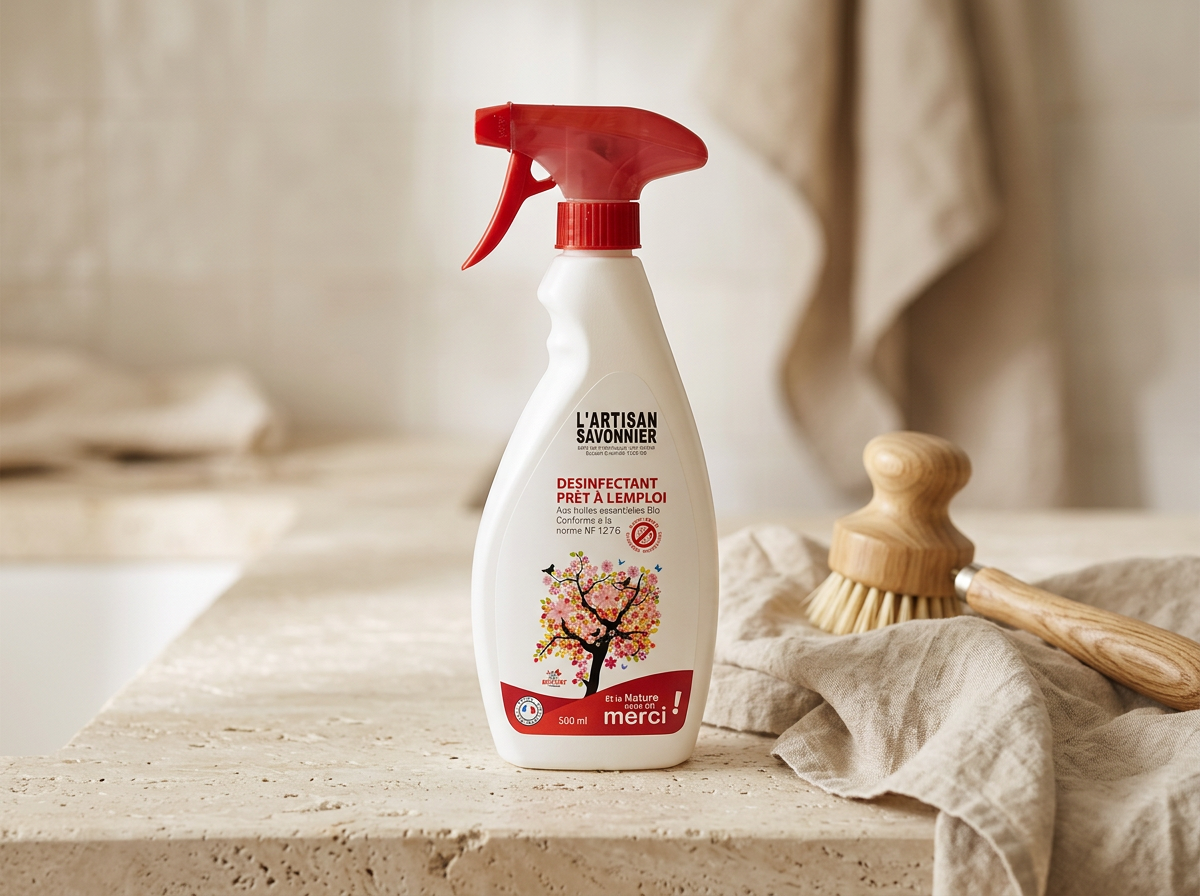 Spray désinfectant L’Artisan Savonnier posé sur un plan de travail en pierre claire avec un linge de lin et une brosse en bois