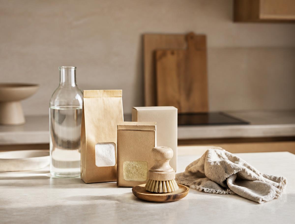 Produits d’entretien naturels en sachets kraft, bouteille en verre, brosse en bois et linge de lin sur un plan de travail clair