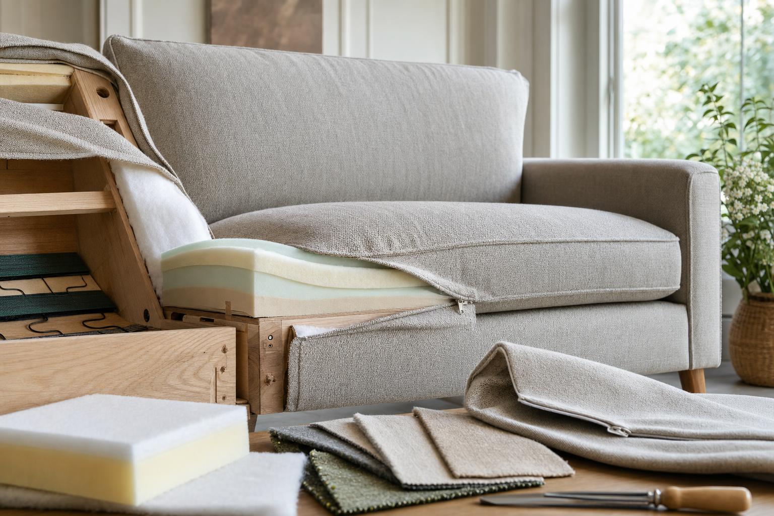 Structure, mousse, tissu et détails de réparabilité d’un canapé durable