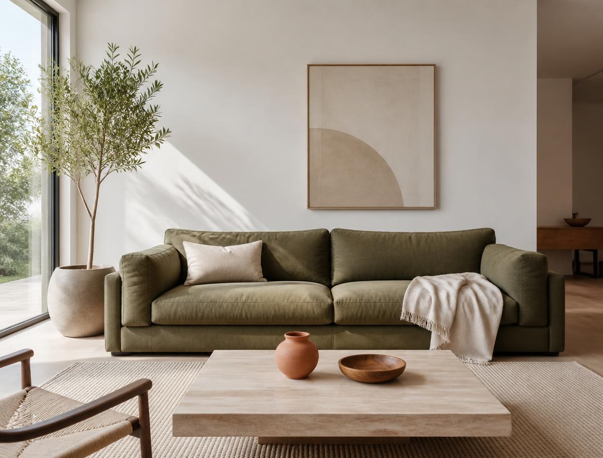 Salon moderne avec canapé kaki, bois clair et touches de terre cuite