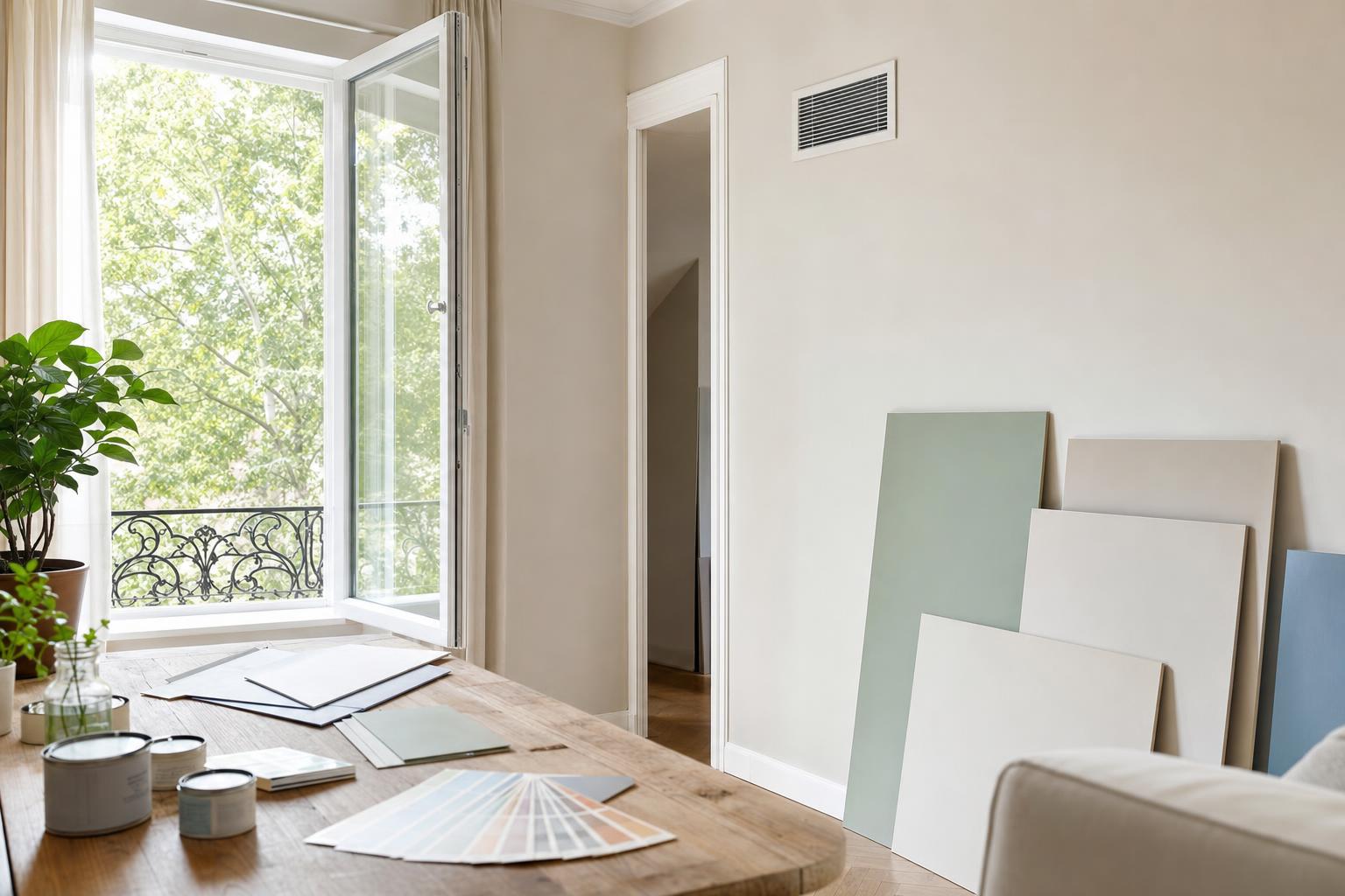 Fenêtre ouverte, peintures et échantillons pour parler de COV et air intérieur