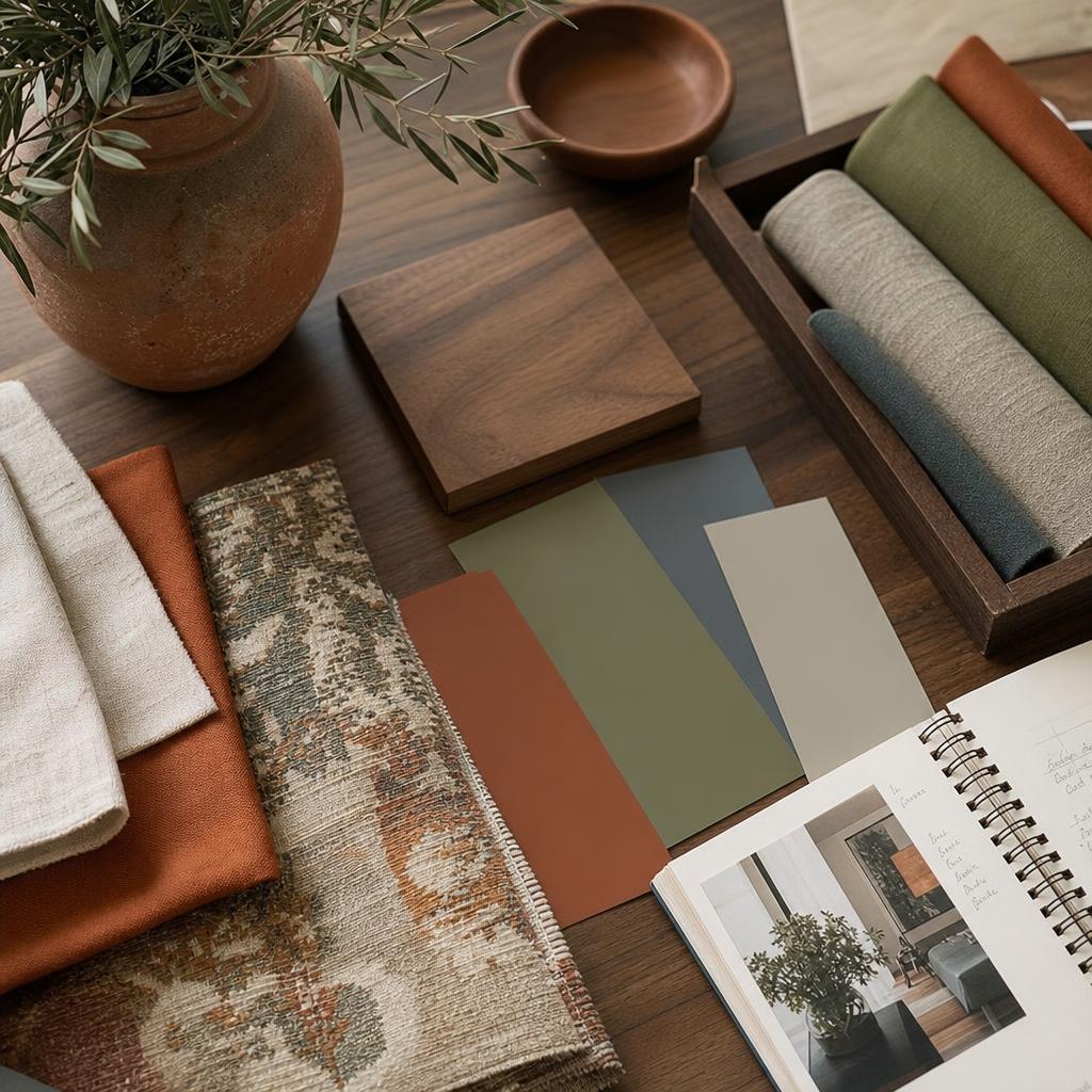 Table de décision avec échantillons, nuanciers terracotta, olive et bleu grisé