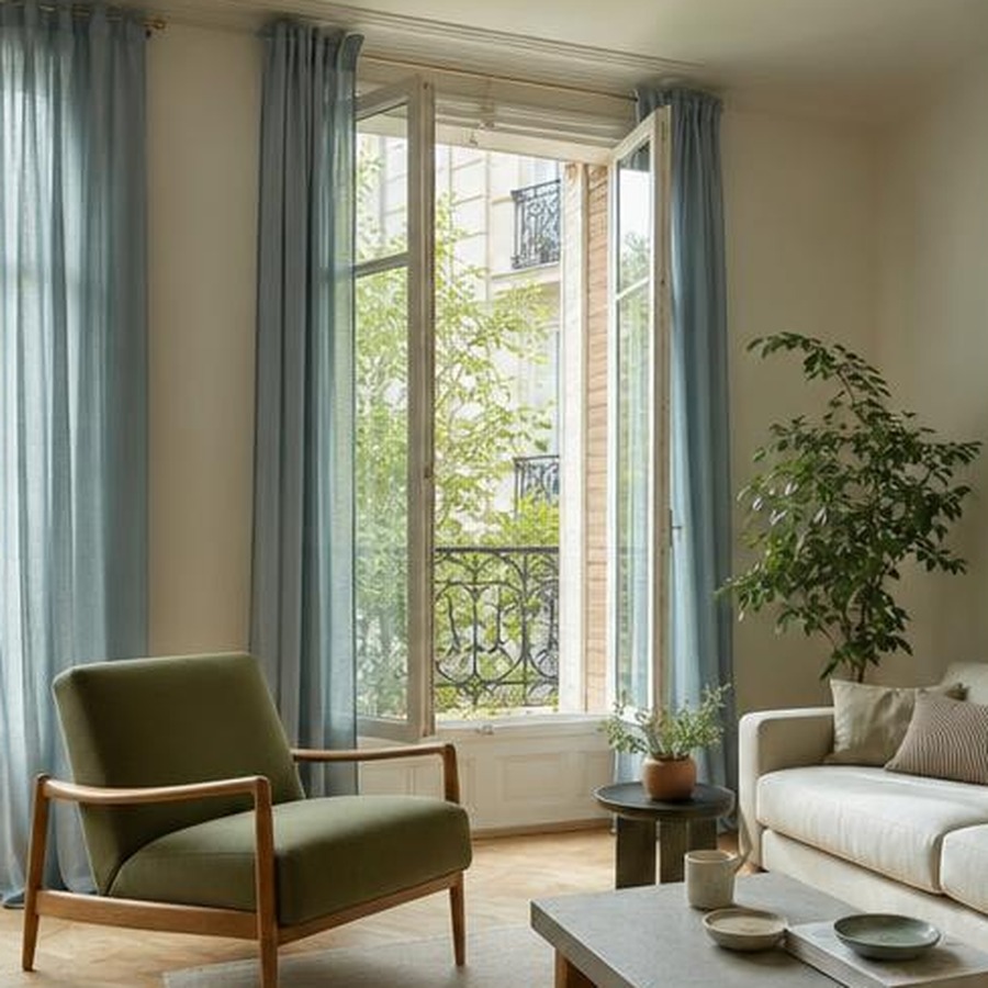 Salon lumineux avec fenêtre ouverte, rideaux bleu grisé et fauteuil olive