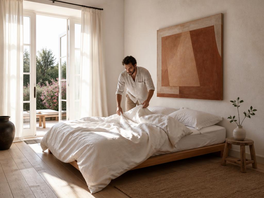 Chambre très claire avec draps blancs, fenêtre ouverte et lumière naturelle
