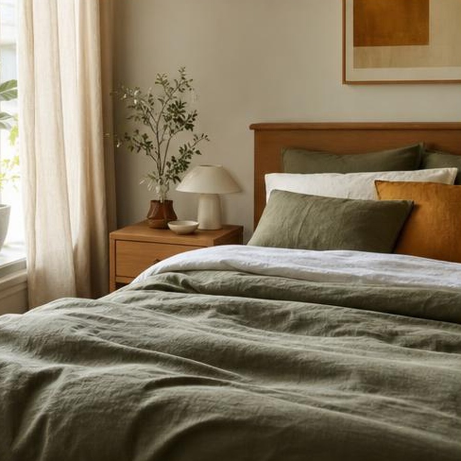 Chambre calme avec linge lavable, coussins olive et ocre, lumière du matin