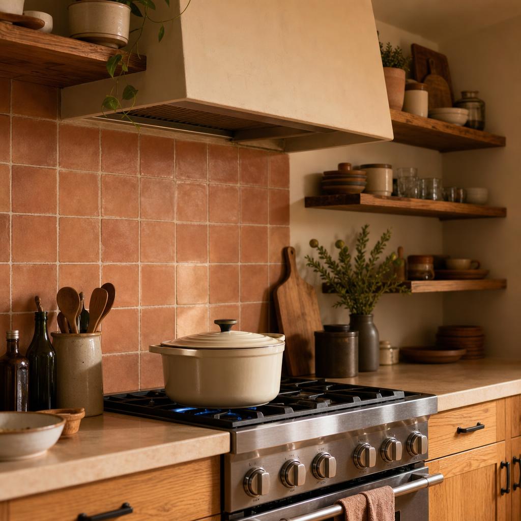 Cuisine chaleureuse avec carreaux terracotta, bois clair et cuisson ventilée