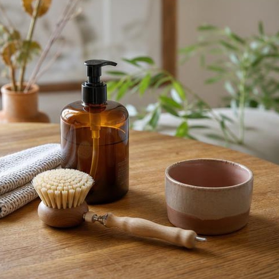 Table avec flacon ambré, brosse naturelle, linge plié et céramique colorée