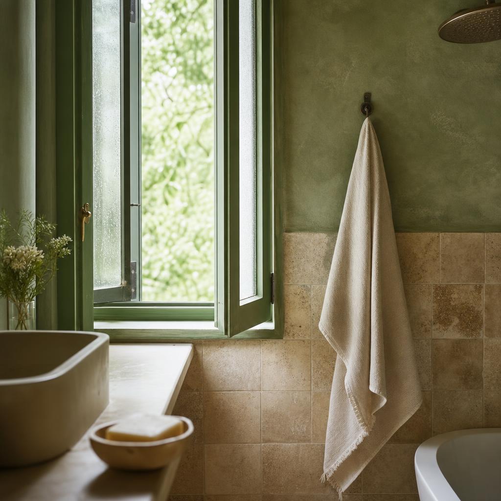 Salle de bain minérale avec mur vert doux, serviette et fenêtre ouverte
