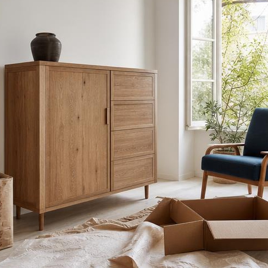 Meuble en bois neuf aéré dans une pièce lumineuse avec chaise bleue