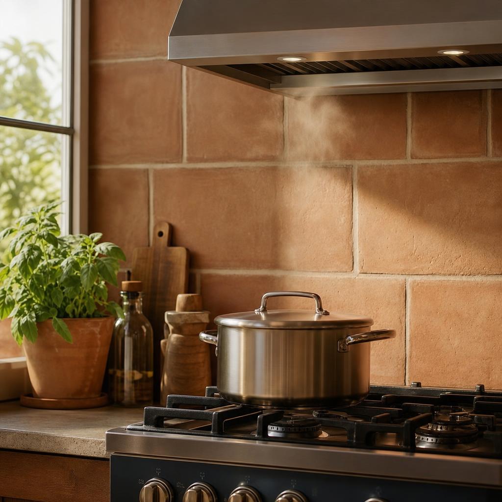 Cuisson avec casserole couverte, hotte, carreaux terracotta et lumière naturelle