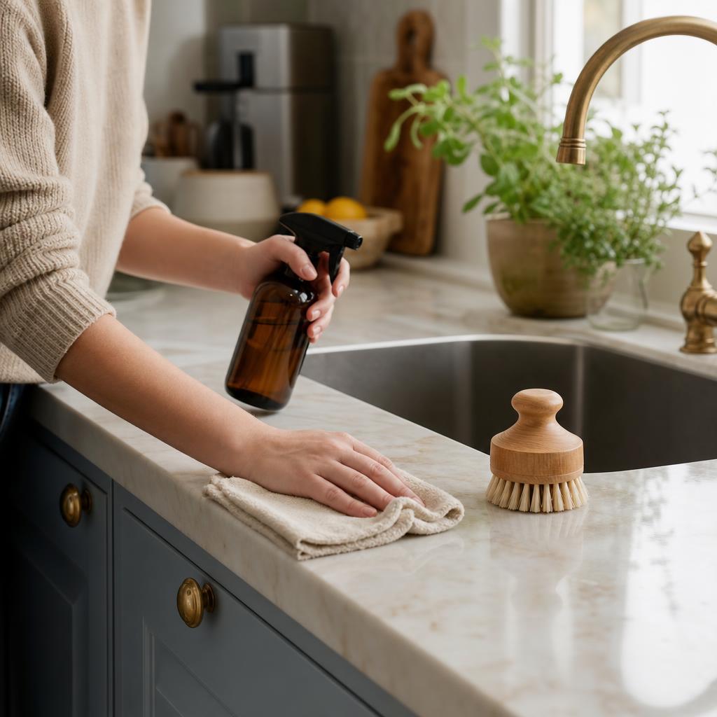 Évier de cuisine avec flacon ambré, brosse en bois et linge naturel