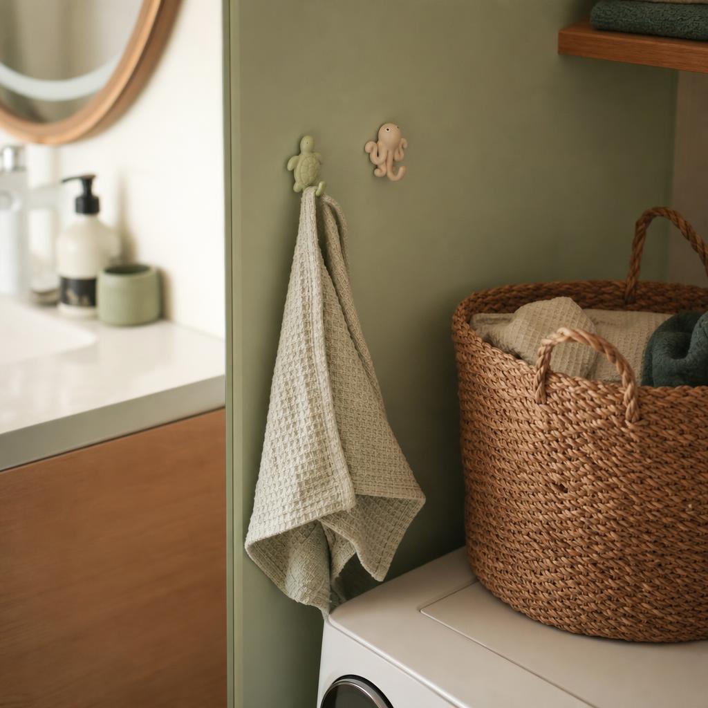 Salle de bain douce avec mur vert, linge enfant, paniers naturels et lumière claire