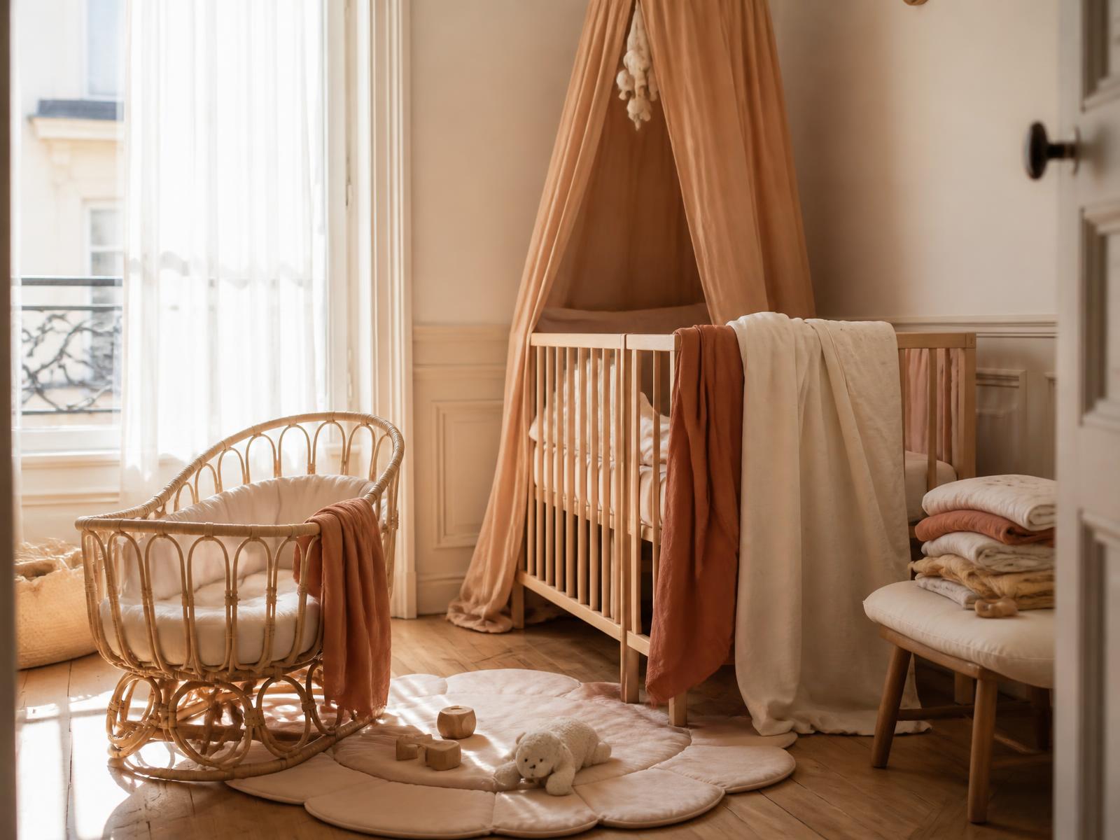 Chambre bébé dans un appartement ancien : berceau en rotin, lit en bois avec ciel de lit, textiles ocre et lin, lumière naturelle