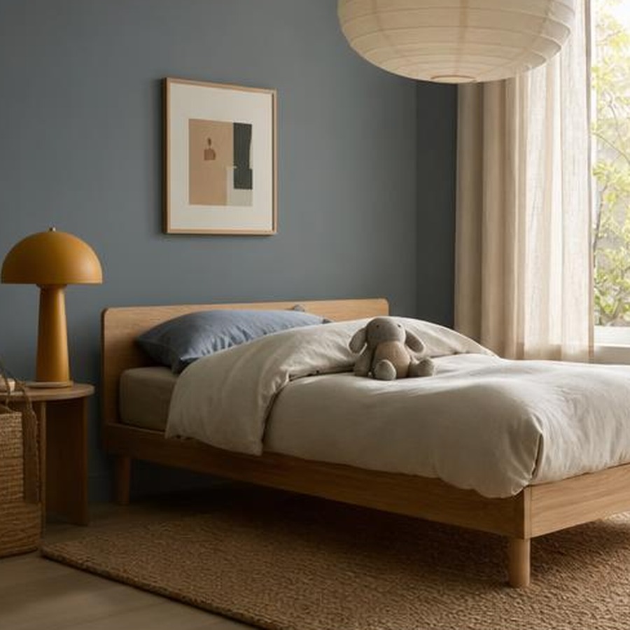 Chambre d’enfant lumineuse avec lit bas en bois, mur bleu grisé et touches ocre