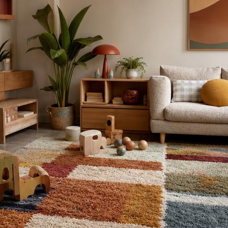 Coin jeu dans un salon avec tapis coloré lavable, rangements bois et touches olive et terracotta