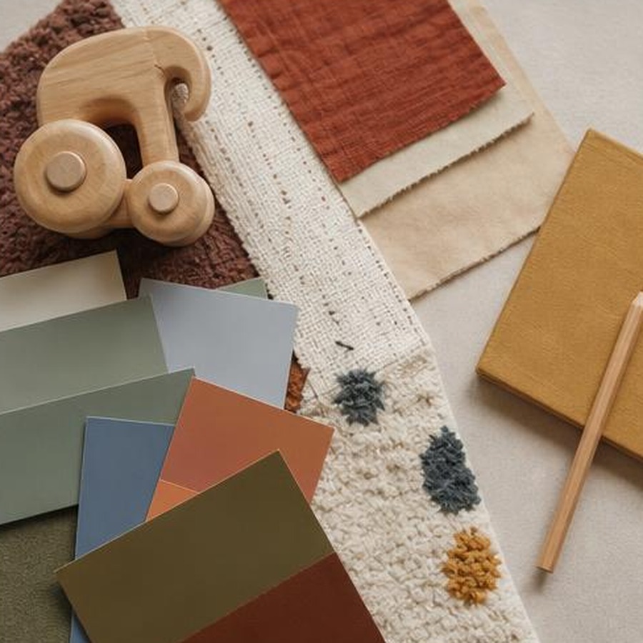 Échantillons de peinture, tissus, bois et tapis pour choisir une chambre d’enfant colorée et saine