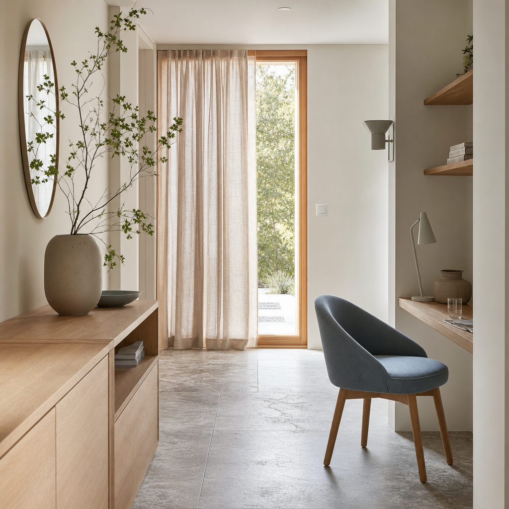 Entrée lumineuse avec coin bureau, bois, pierre claire et touches bleu-gris