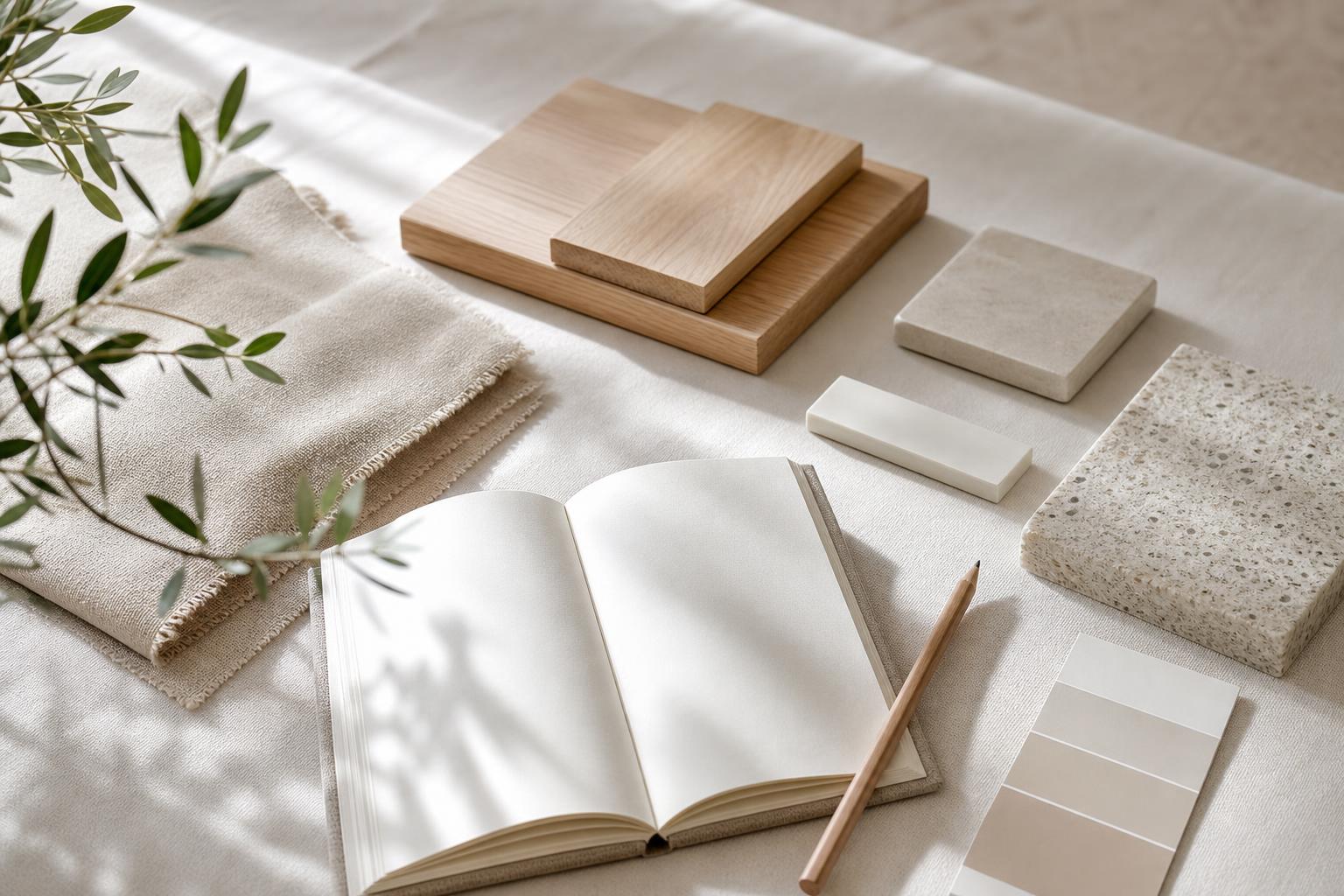 Table de choix avec échantillons de matières, carnet et lumière naturelle