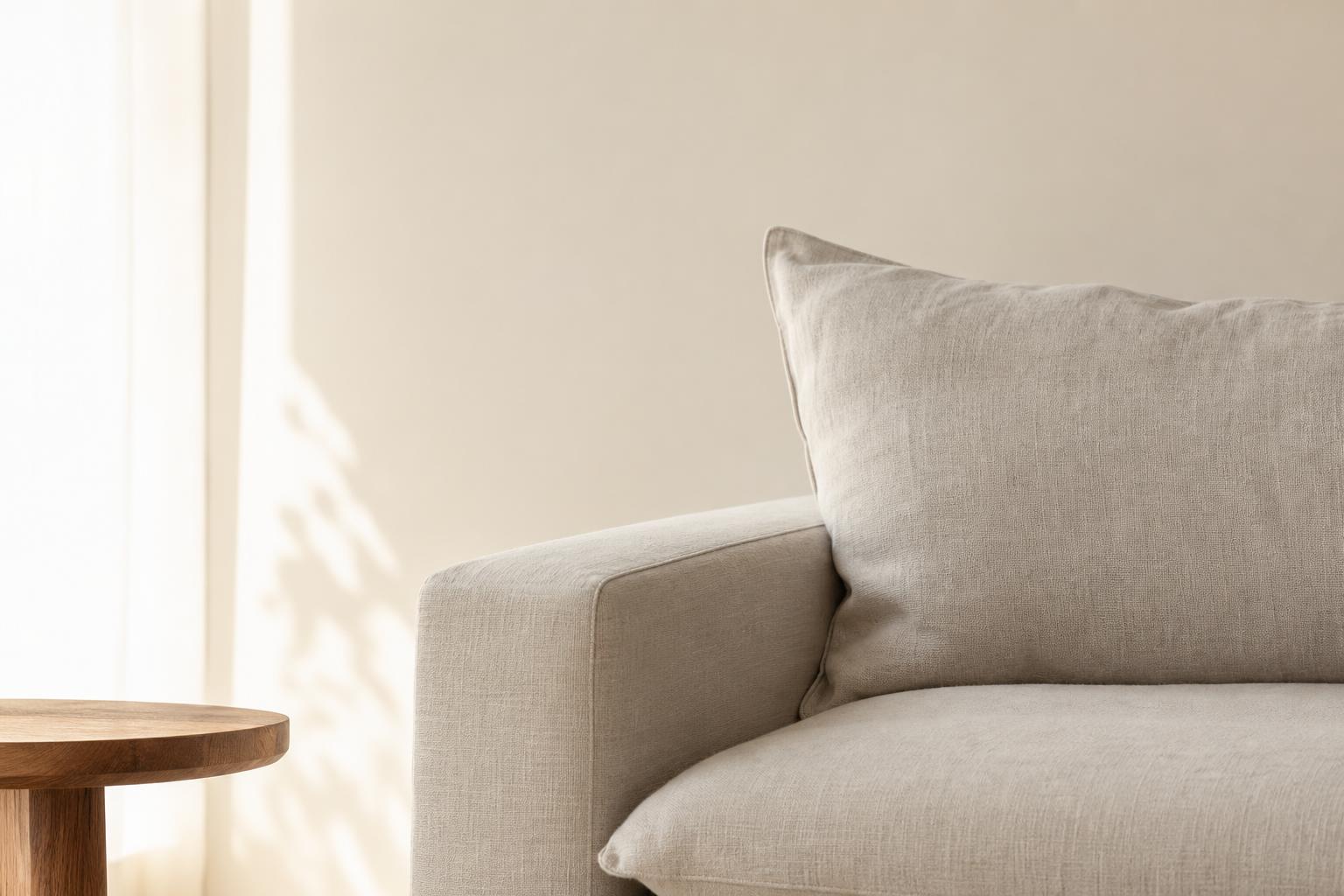 Canapé en lin clair dans une lumière douce, détail matière et usage salon