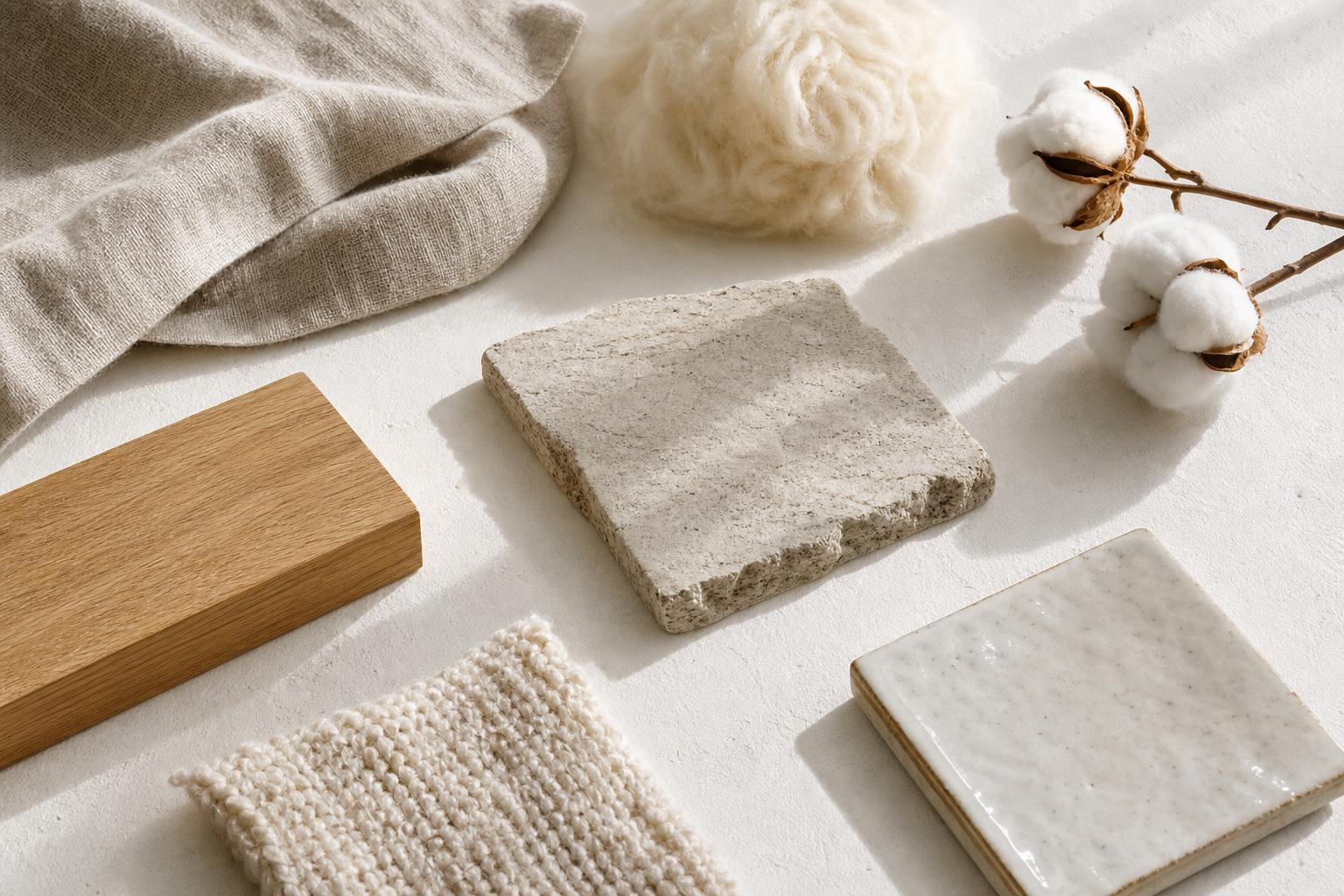 Intérieur blanc lumineux avec matières naturelles, bois et textiles clairs