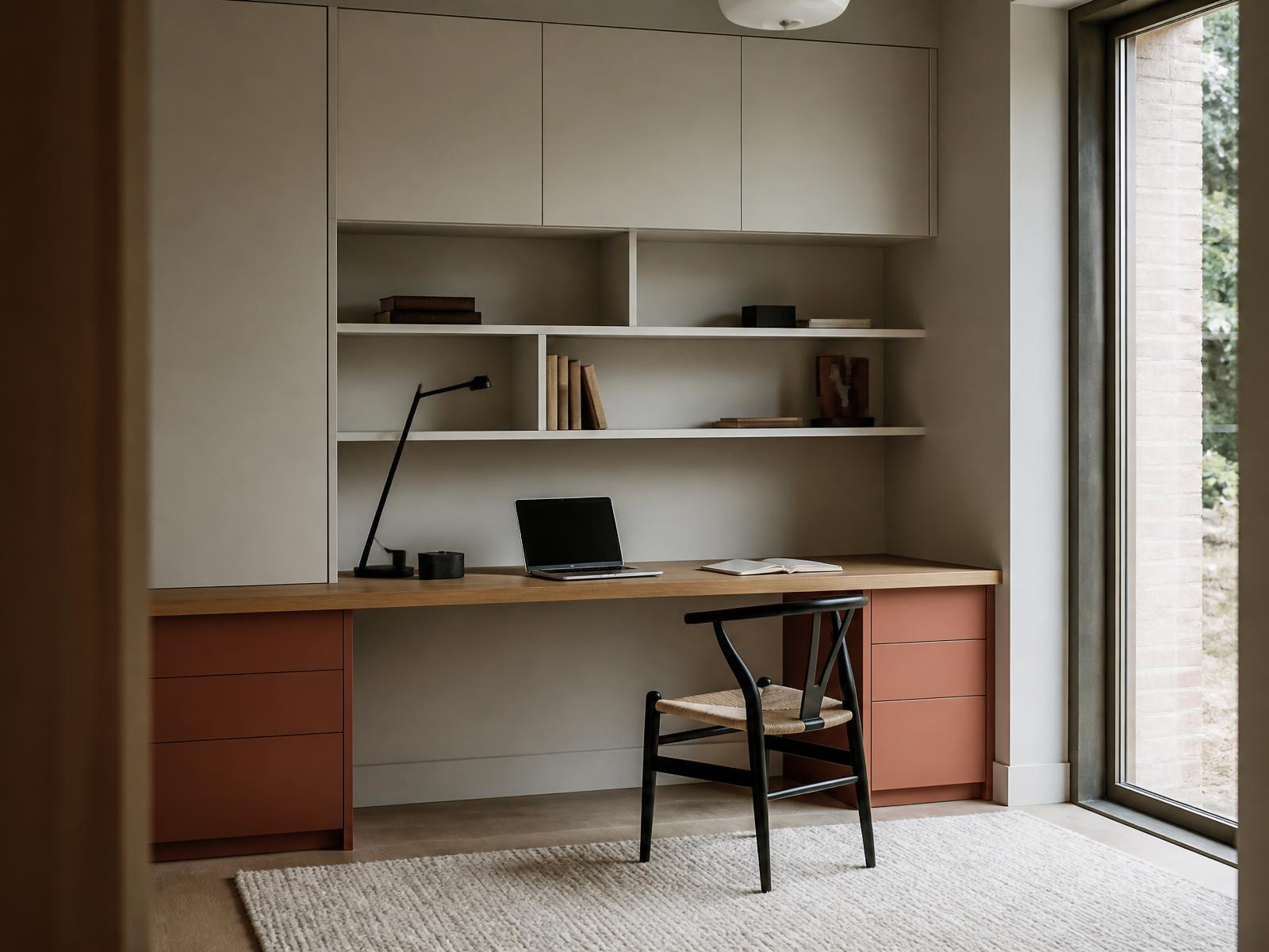 Bureau sur mesure avec façades terracotta et sable, plan en chêne et grande baie vitrée