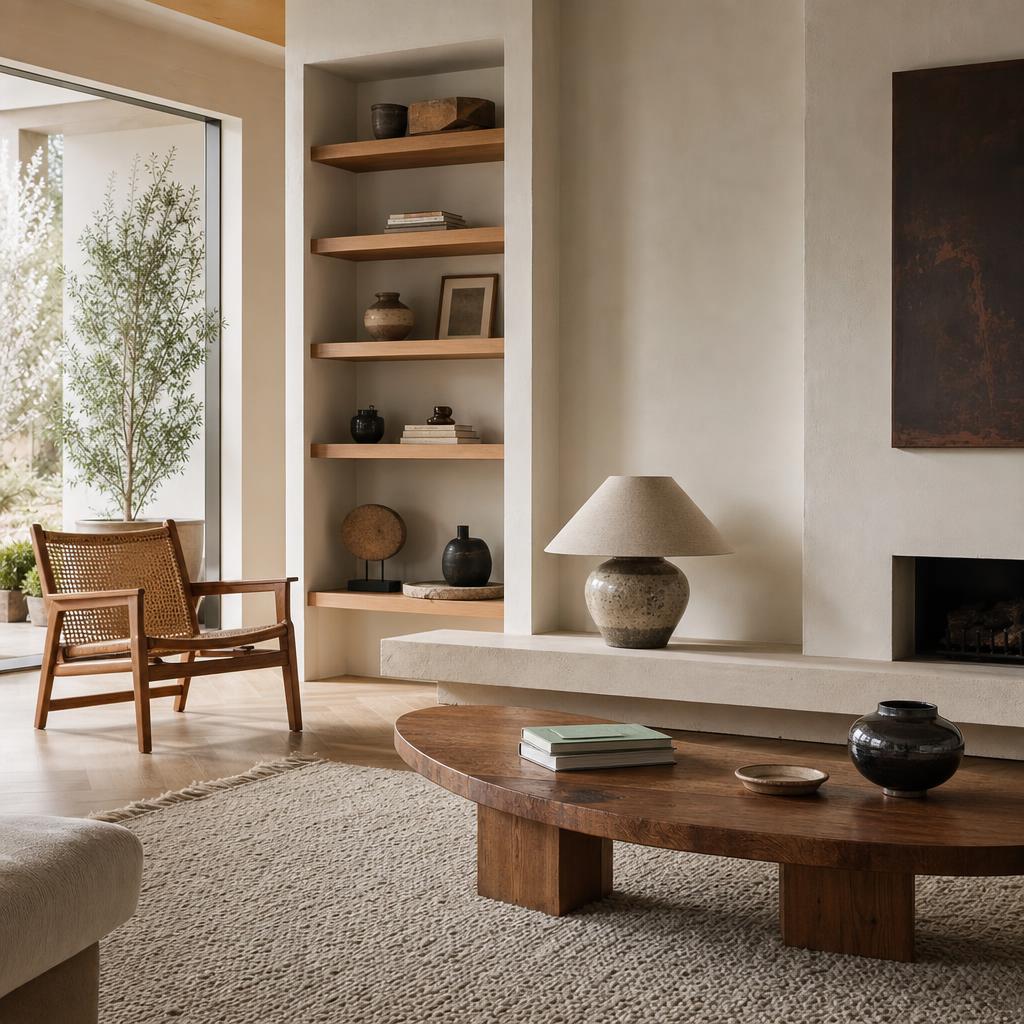 Salon architectural et matières naturelles dans un intérieur sobre