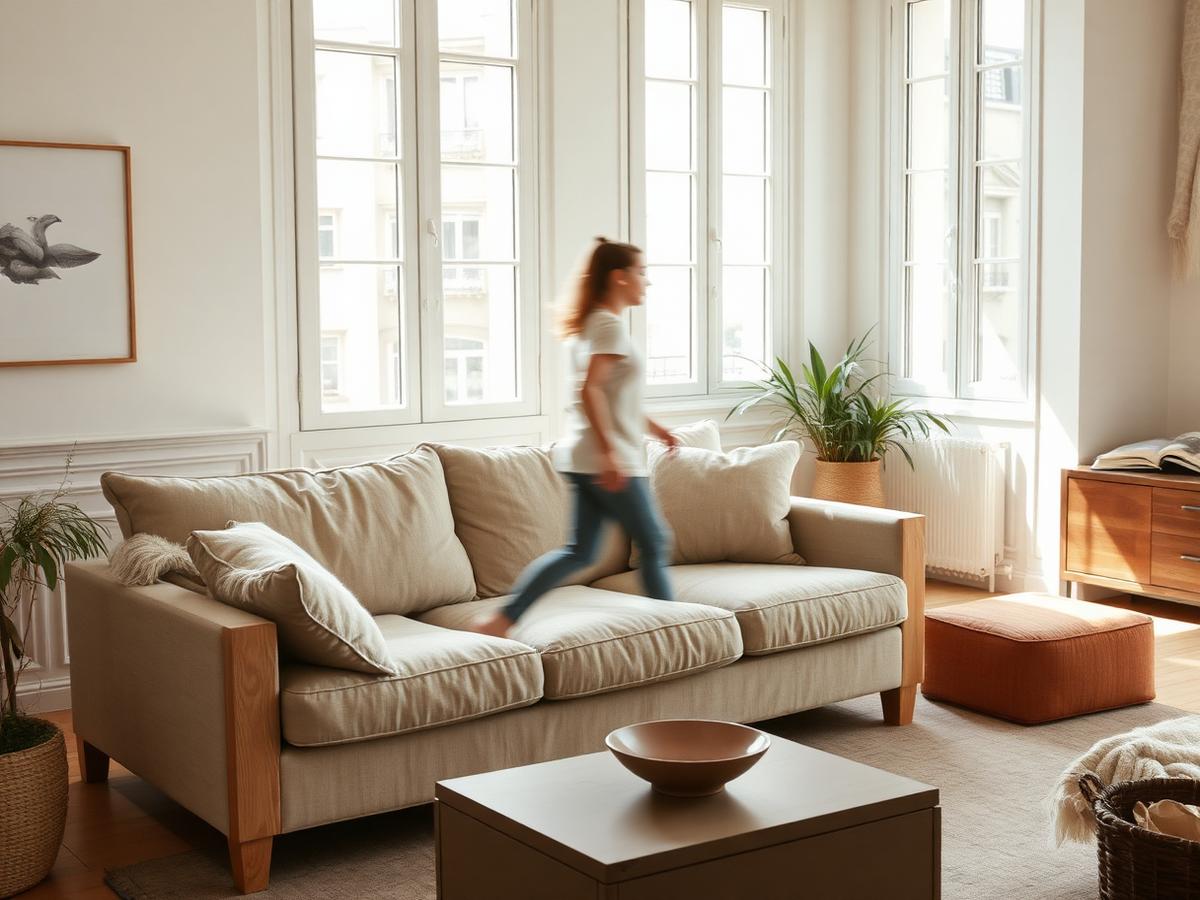 Canapé en lin clair avec structure bois visible dans un salon haussmannien lumineux