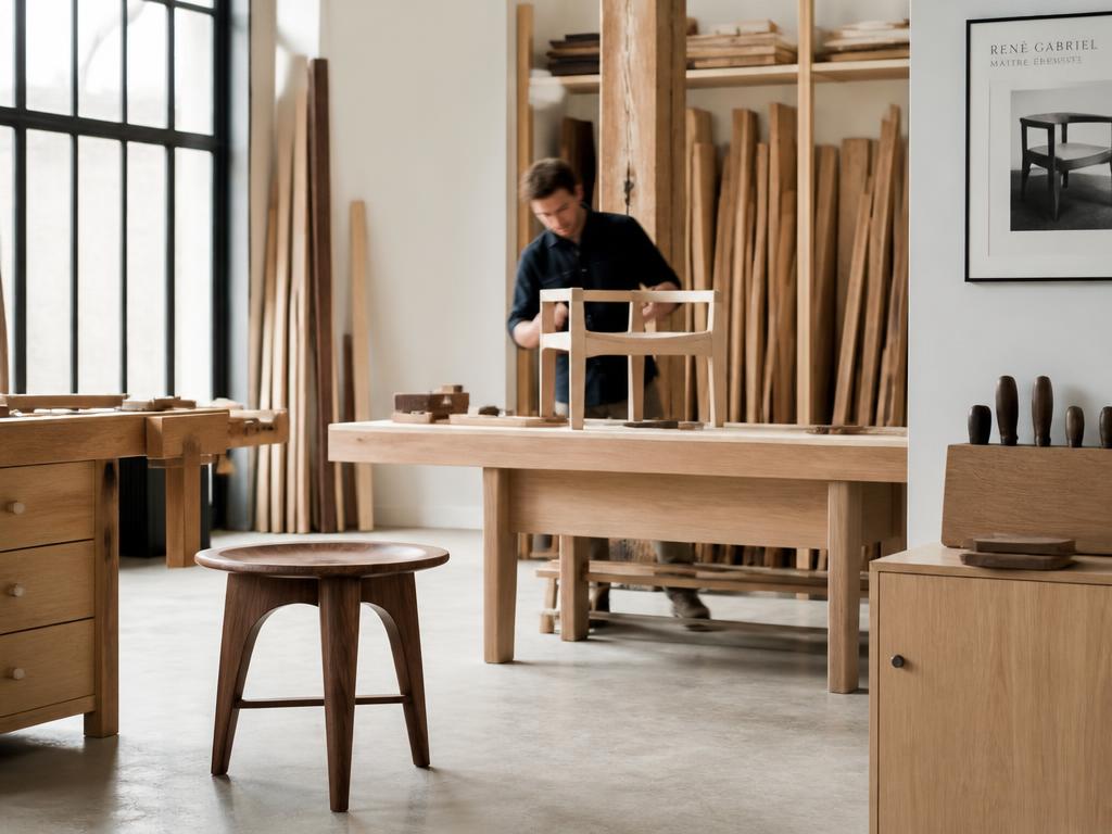 Atelier de fabrication bois moderne et lumineux avec artisan au travail