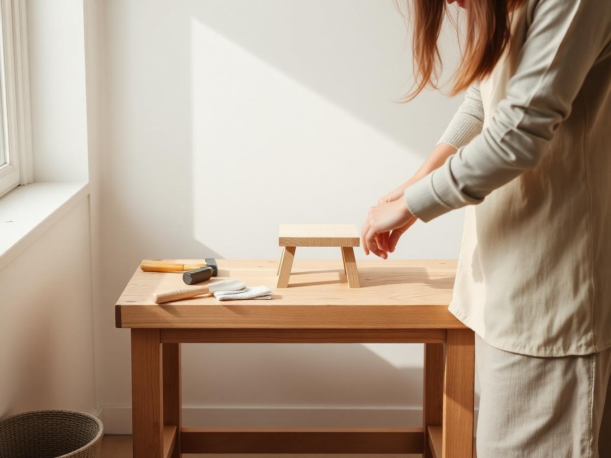 Petit meuble en bois en cours de réparation sur un établi clair et minimaliste
