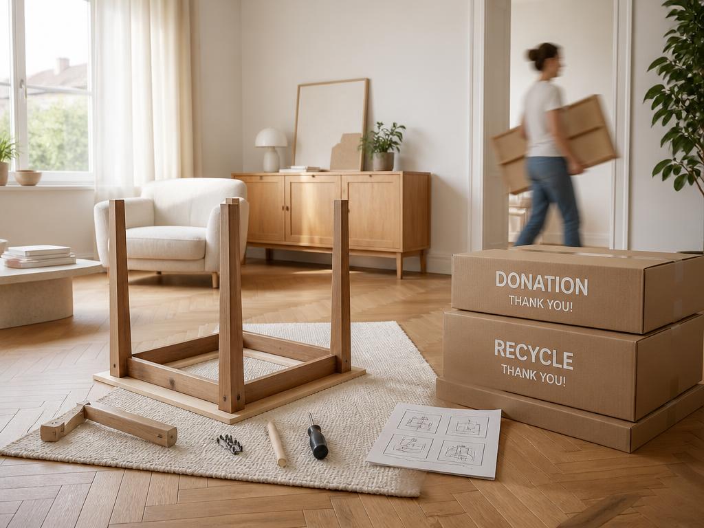 Meuble en bois en cours de démontage avec cartons de don et recyclage dans un salon lumineux