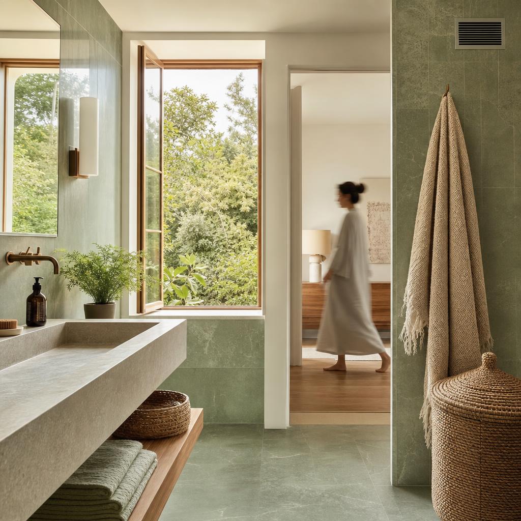 Salle de bain lumineuse avec fenêtre ouverte, carrelage vert doux et personne floutée en mouvement