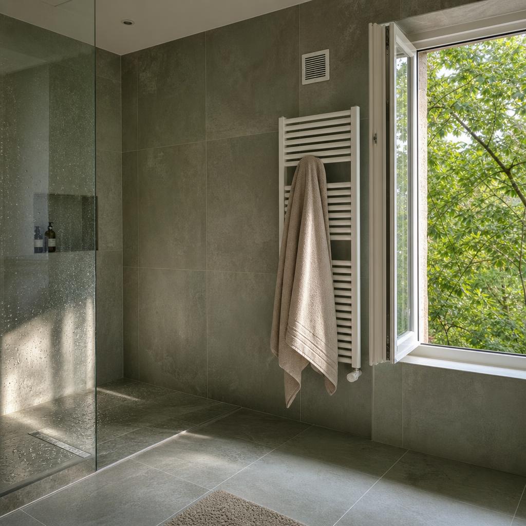 Salle de bain après douche avec fenêtre ouverte, serviette qui sèche et ventilation discrète
