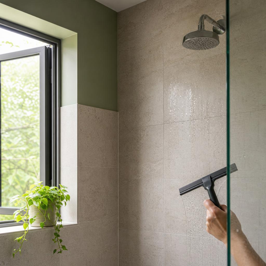 Douche avec carrelage minéral, joints propres, raclette et fenêtre ouverte