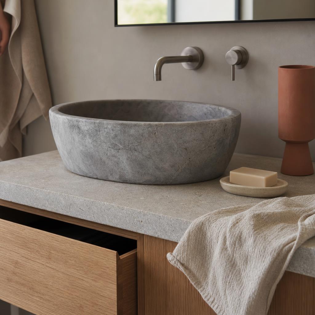 Vasque de salle de bain en pierre, meuble bois, serviette en lin et savon simple
