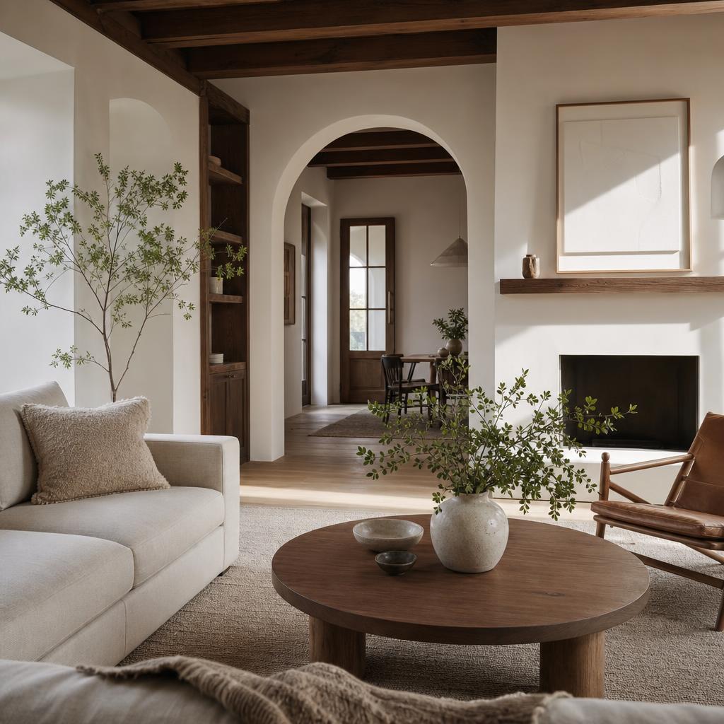 Salon blanc lumineux avec bois, architecture douce et sensation d’air