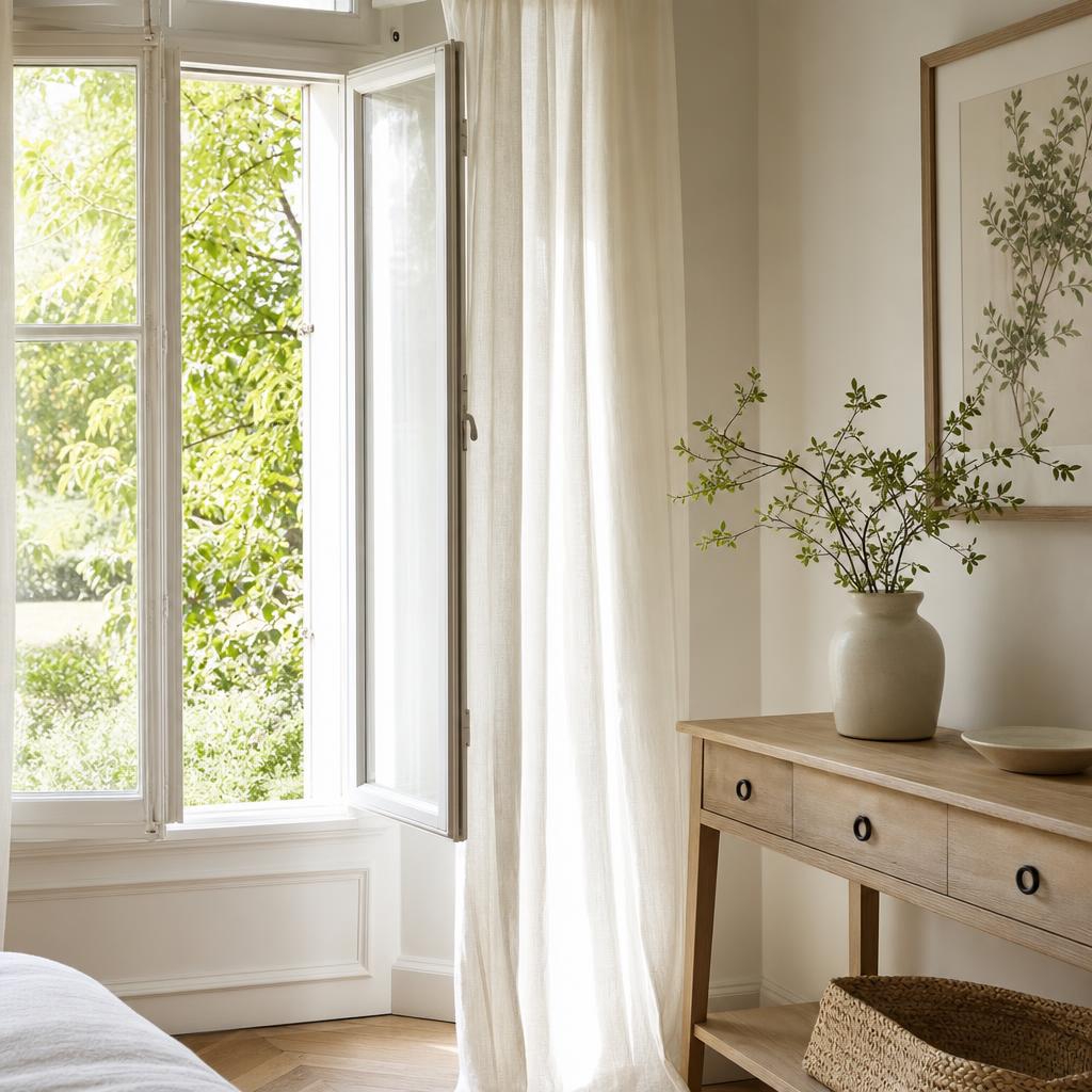 Salon blanc lumineux avec lin, bois et matières naturelles