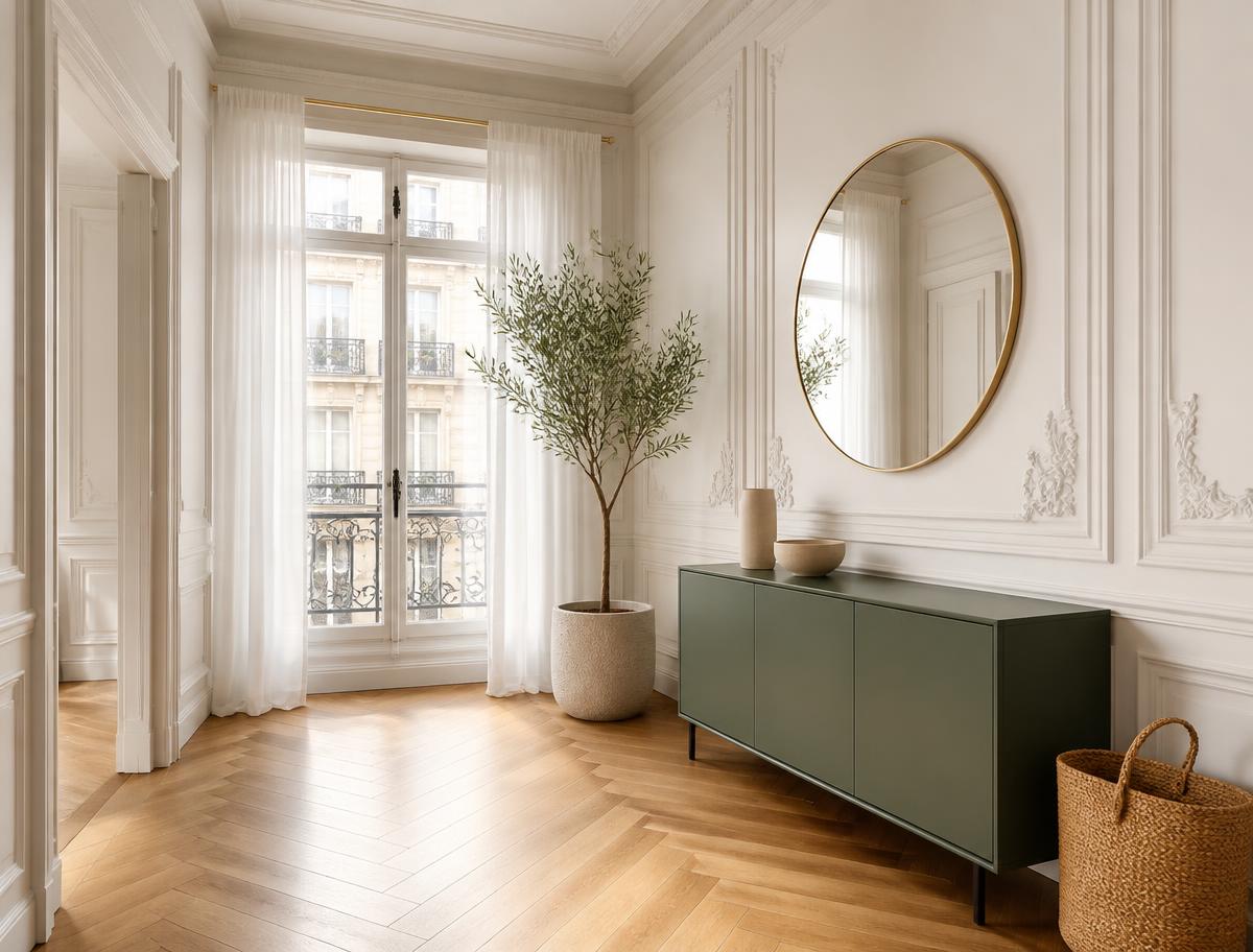 Entrée d’appartement haussmannien avec parquet point de Hongrie, moulures et meuble coloré kaki