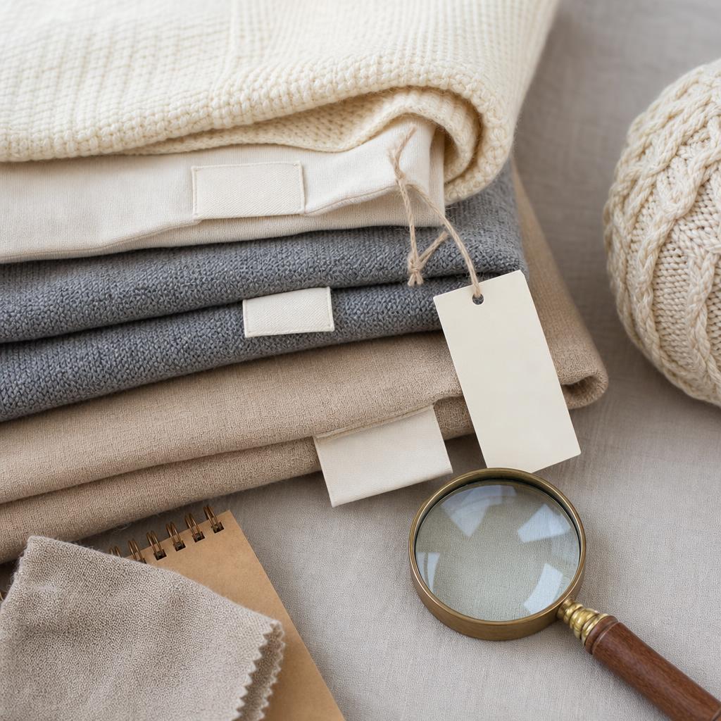 Textiles, labels et loupe pour vérifier les informations utiles
